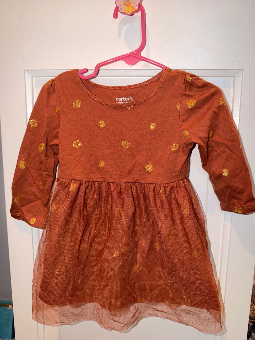 Carter's Girls Rust Orange Tulle Long-Sleeve Dress with Gold Accents